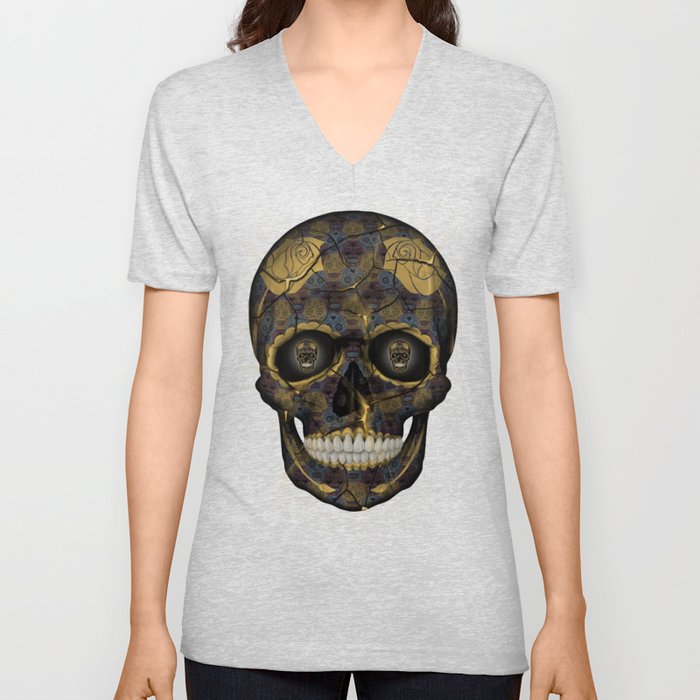 Skull Yellow | Tessellating Skulls Pattern | M. C. Escher Inspired Geometric Artwork by Tessellation V Neck T Shirt