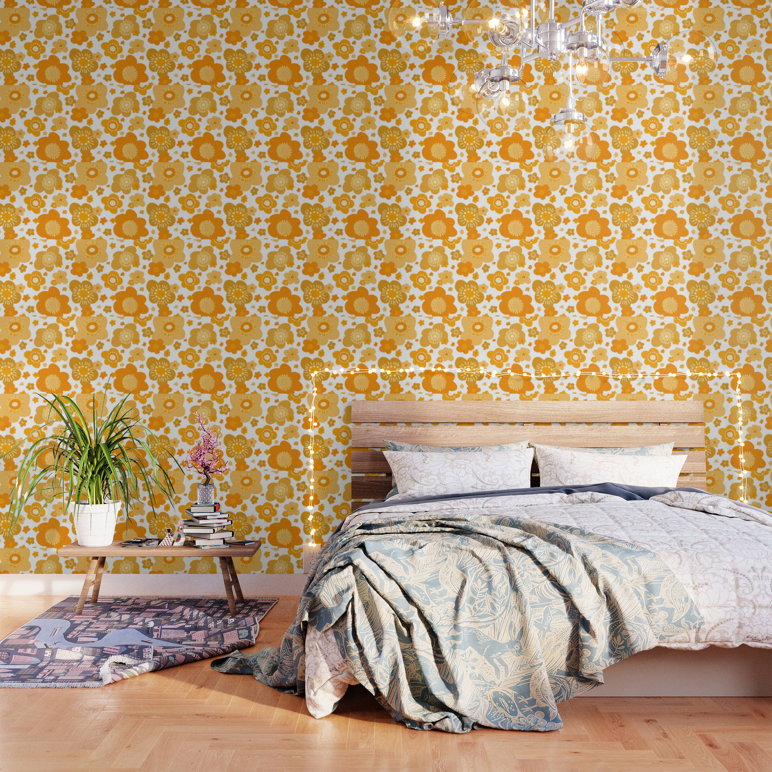 Retro 70's inspired yellow & Orange floral design with transparent background  Wallpaper by Desert Aloha Design Co | Society6