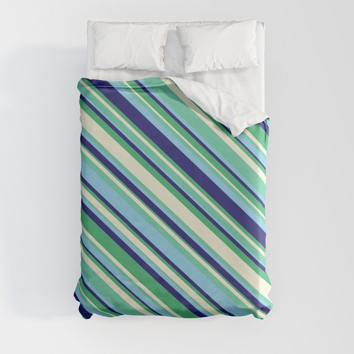 Eyecatching Aquamarine, Sky Blue, Midnight Blue, Sea Green & Beige Colored Striped/Lined Pattern Duvet Cover