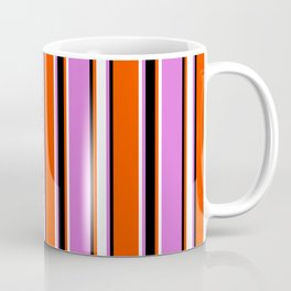 [ Thumbnail: Red, Black, Orchid, and White Colored Stripes Pattern Coffee Mug ]