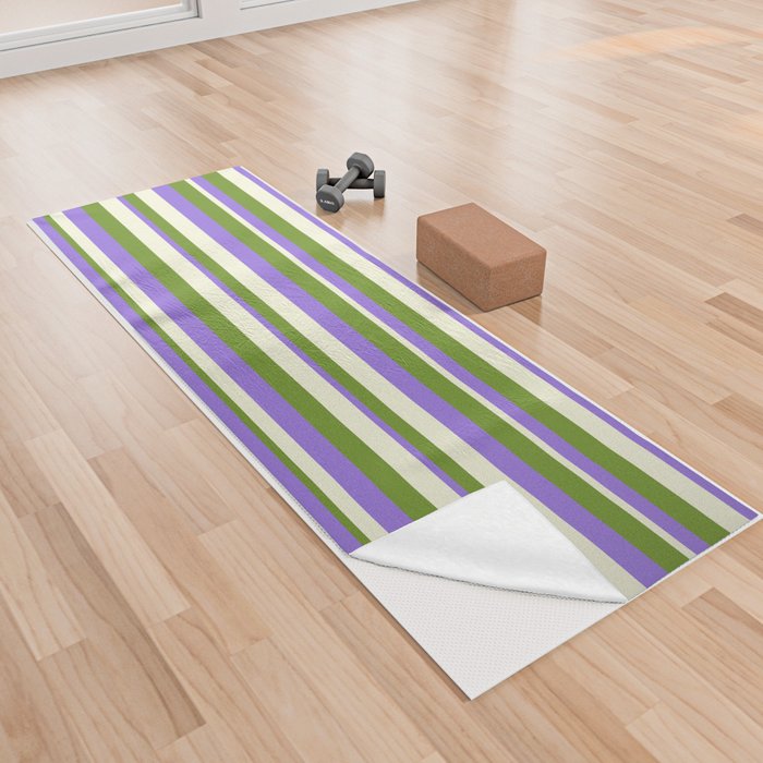 Green, Purple, and Beige Colored Lines Pattern Yoga Towel