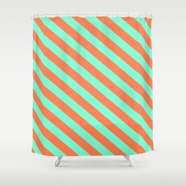 [ Thumbnail: Aquamarine & Coral Colored Lined/Striped Pattern Shower Curtain ]