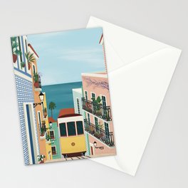 Yellow Lisbon Tram Through Tiled Houses Stationery Cards