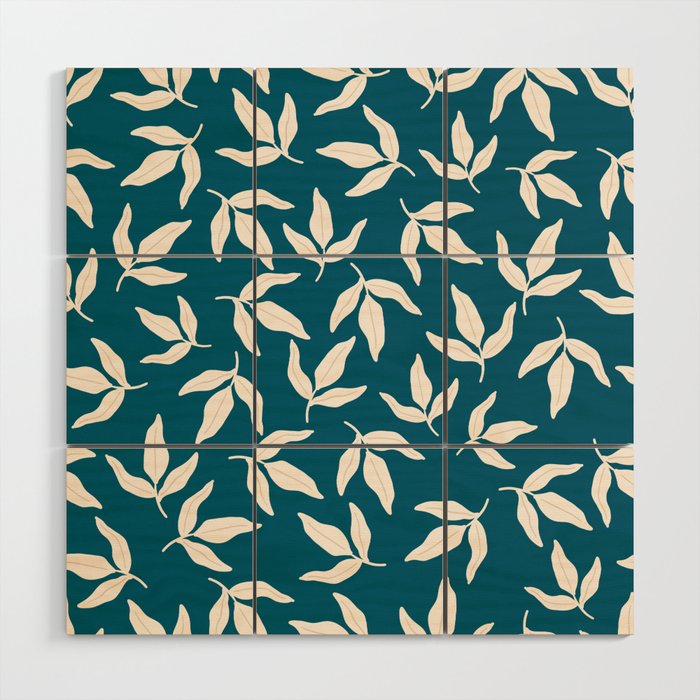White leaves on teal Wood Wall Art