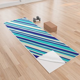 [ Thumbnail: Beige, Blue & Dark Turquoise Colored Striped/Lined Pattern Yoga Towel ]
