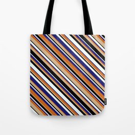 [ Thumbnail: Eyecatching Tan, Black, Mint Cream, Midnight Blue & Chocolate Colored Striped Pattern Tote Bag ]