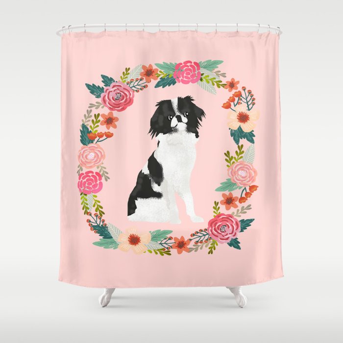 japanese chin floral wreath dog breed pet portrait pure breed dog lovers Shower Curtain