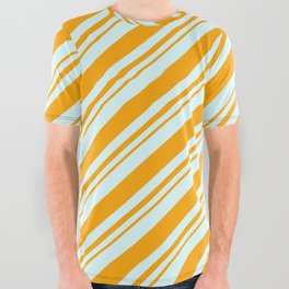 [ Thumbnail: Light Cyan and Orange Colored Lined/Striped Pattern All Over Graphic Tee ]