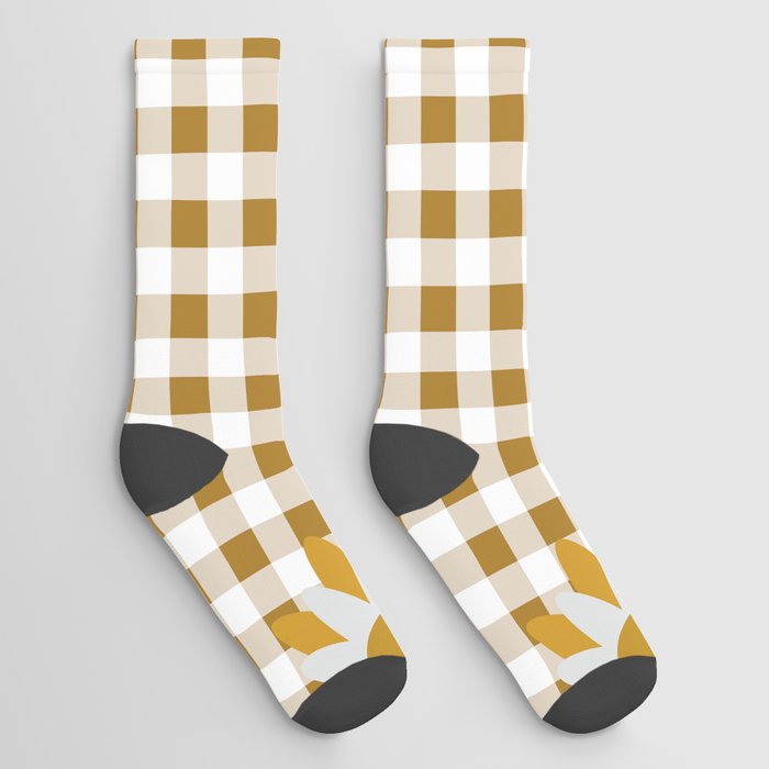 Yellow Gold Ochre Colored Checker Board Effect Grid Illustration with Mustard Daisy Flowers Socks