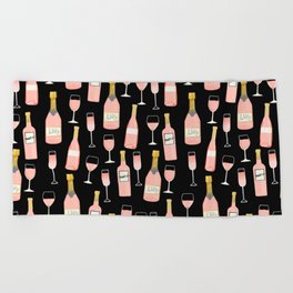 Rose champagne wine food fight apparel and gifts black Beach Towel