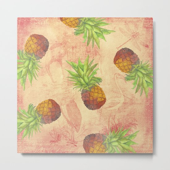 Retro Vintage Pineapple with Grunge Animals Background on #Society6 Metal Print