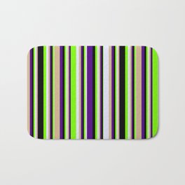 [ Thumbnail: Eyecatching Indigo, Tan, Lavender, Green & Black Colored Lines/Stripes Pattern Bath Mat ]