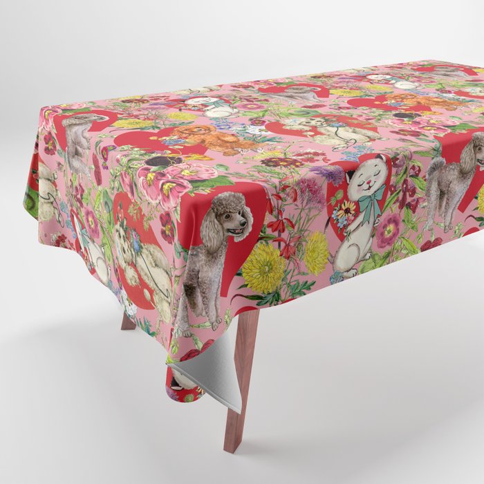 Pets celebrate Valentine's Day - Animal & Floral Pattern - Pink Tablecloth