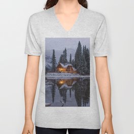 Cabin in Winter Woods (Color) V Neck T Shirt