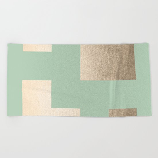 Simply Geometric White Gold Sands on Pastel Cactus Green Beach Towel