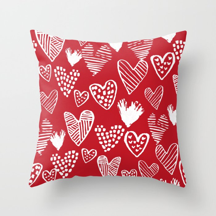 Herats red and white pattern minimal valentines day cute girly gifts hand drawn love patterns Throw Pillow