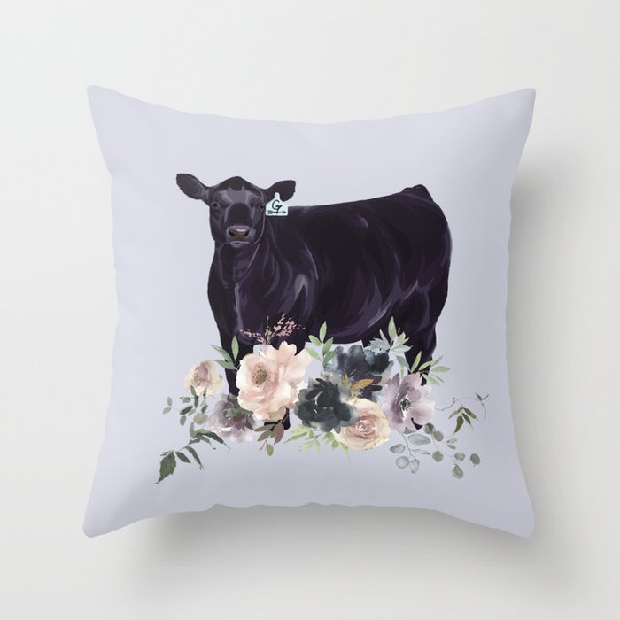 Angus Heifer with Lavender Floral  Throw Pillow