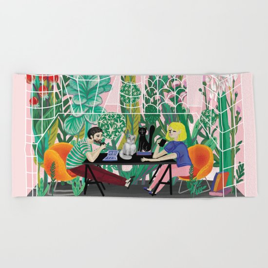 Take a coffee in the botanical garden Beach Towel