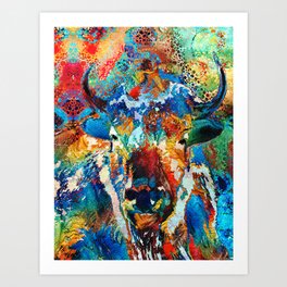 Colorful Wild Buffalo Art by Sharon Cummings Art Print | Natural, Montana, Animal, Buffalofarm, Buffaloranch, Spiritual, Wildanimal, Sacredanimal, Painting, Wildbuffalo 