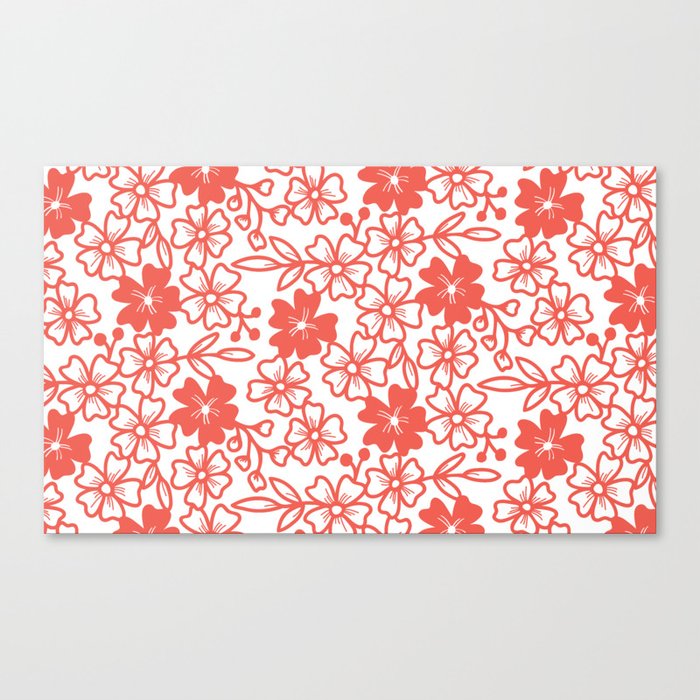 Sakura flower silhouettes in coral red and white Canvas Print