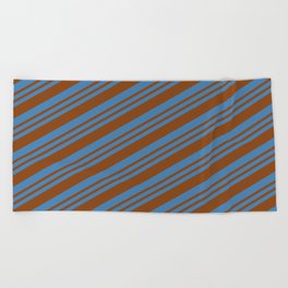 [ Thumbnail: Blue & Brown Colored Lined/Striped Pattern Beach Towel ]