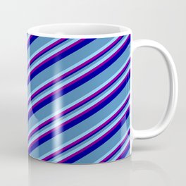 [ Thumbnail: Blue, Light Sky Blue, Purple & Dark Blue Colored Striped/Lined Pattern Coffee Mug ]