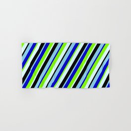 [ Thumbnail: Colorful Sky Blue, Blue, Chartreuse, Light Cyan & Black Colored Lines Pattern Hand & Bath Towel ]