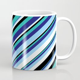 [ Thumbnail: Colorful Light Sea Green, Midnight Blue, Light Sky Blue, Mint Cream & Black Colored Stripes Pattern Coffee Mug ]
