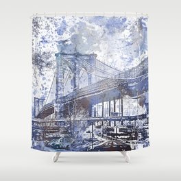 Brooklyn Bridge New York USA Watercolor blue Illustration Shower Curtain