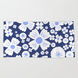 Retro Light Denim and Navy Daisy Flowers Beach Towel