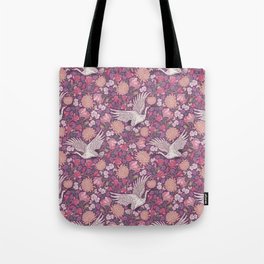Cranes with chrysanthemums and pink magnolia on purple background Tote Bag