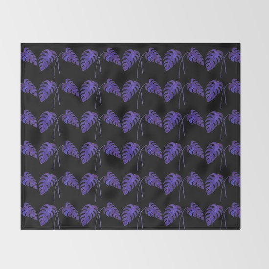 Indigo Monstera Leaf Watercolor on Black Throw Blanket