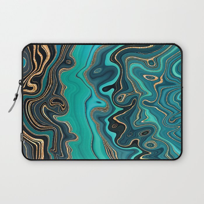 Peacock Teal + Hypnotic Gold Stylized Fluid Painting Laptop Sleeve