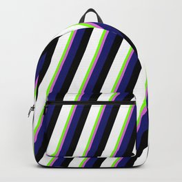 [ Thumbnail: Eyecatching Chartreuse, Orchid, Midnight Blue, Black, and White Colored Lines/Stripes Pattern Backpack ]