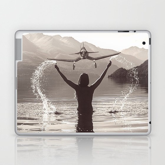 Water wings plane landing on mountain lake female portrait black and white photograph - photography - photographs Laptop & iPad Skin
