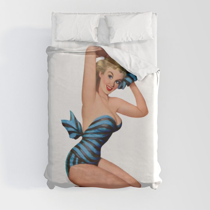 Blonde Pin Up With Black And Blue Dress And Barefoot Shoes Duvet Cover