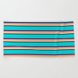 [ Thumbnail: Vibrant Dark Turquoise, Midnight Blue, Dark Salmon, Tan, and Black Colored Lines/Stripes Pattern Beach Towel ]