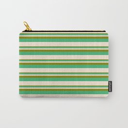 [ Thumbnail: Green, Sea Green, and Beige Colored Lined Pattern Carry-All Pouch ]