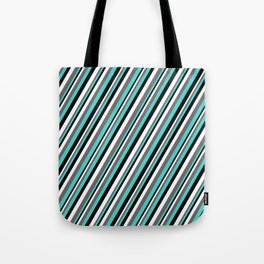 [ Thumbnail: White, Dim Gray, Turquoise, and Black Colored Lined Pattern Tote Bag ]