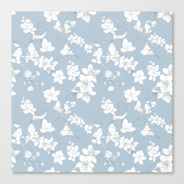 Flowers pattern with Birds in pastel color line art. Canvas Print