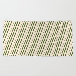 [ Thumbnail: Beige & Dark Olive Green Colored Striped/Lined Pattern Beach Towel ]