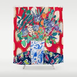 Wildflowers in a Lion Vase on Red Floral Still Life Painting After Matisse Shower Curtain