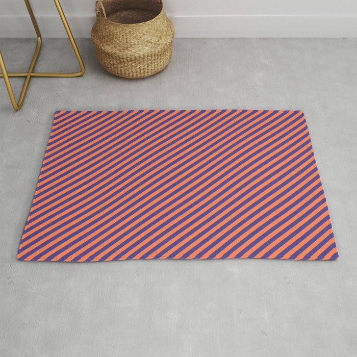 Coral & Dark Slate Blue Colored Striped/Lined Pattern Rug