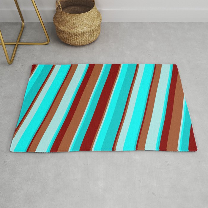 Maroon, Sienna, Turquoise, Cyan, and Dark Turquoise Colored Stripes/Lines Pattern Rug