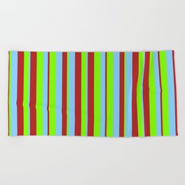 [ Thumbnail: Red, Light Sky Blue, and Chartreuse Colored Lined/Striped Pattern Beach Towel ]