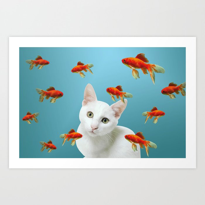 white lovely cat with goldfishes #cats Art Print