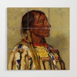 Chief Flat Iron Sioux native American Indian portrait painting by Joseph Henry Sharp  Wood Wall Art