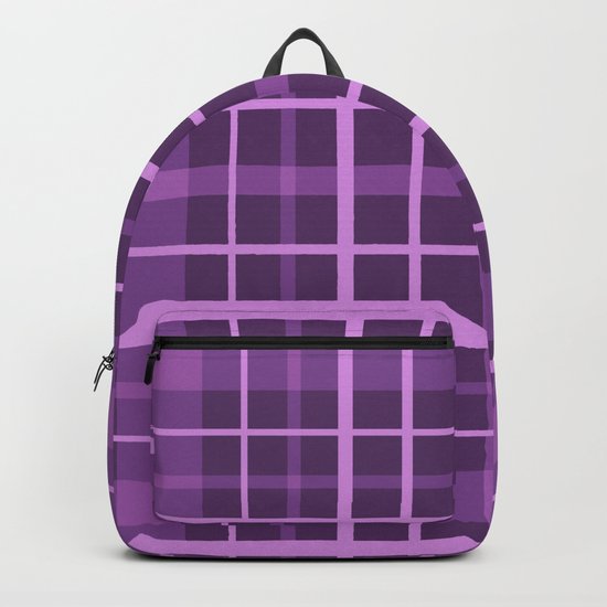 Plaid in black and purple colours . Backpack