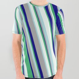 [ Thumbnail: Eye-catching Powder Blue, Dark Gray, Blue, Sea Green & Mint Cream Colored Striped Pattern All Over Graphic Tee ]