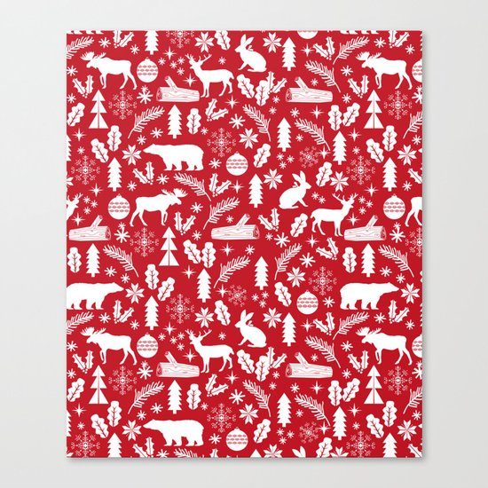 Festive Christmas woodland reindeer moose bear camping red and white minimal pattern for holidays Canvas Print